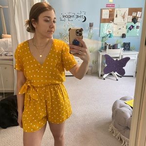 Yellow and white polka dot tie romper